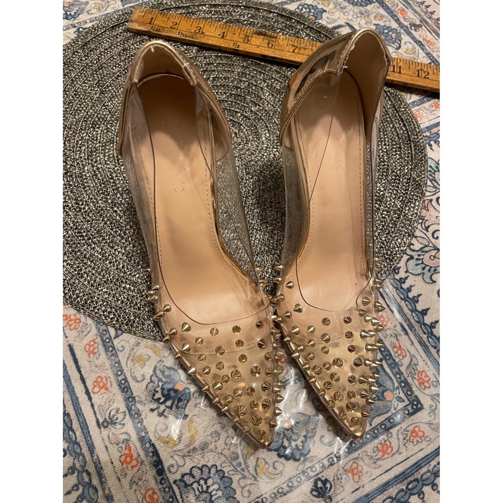 Gold Metallic Clear PVC Spiked Pointed Toe Stiletto Pumps Heels Womens Size 8